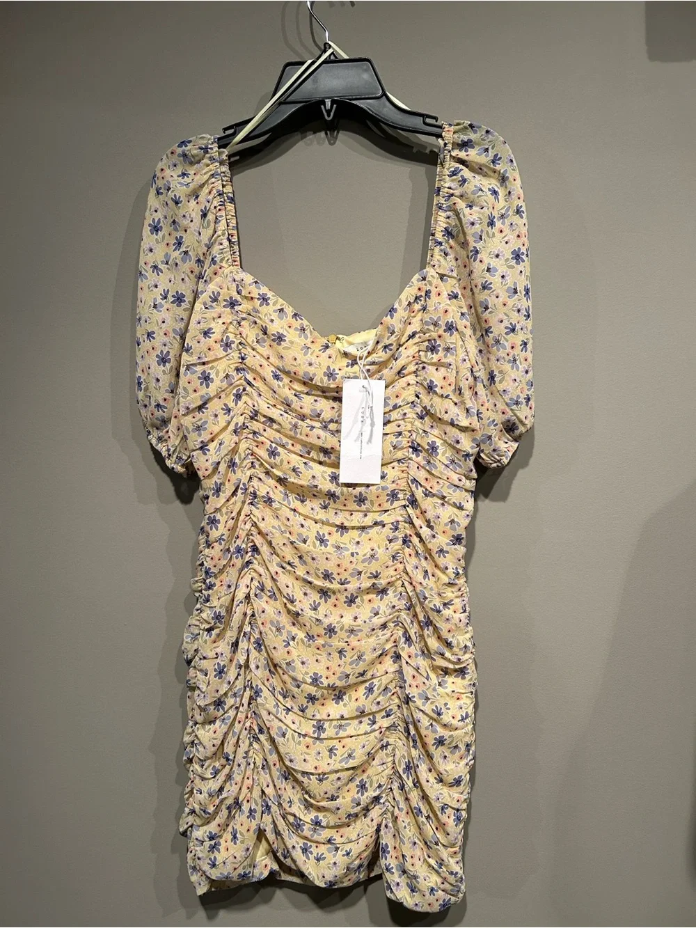 Lush Yellow Floral Ruched Puff-Sleeve Mini Dress - Picture 1 of 6